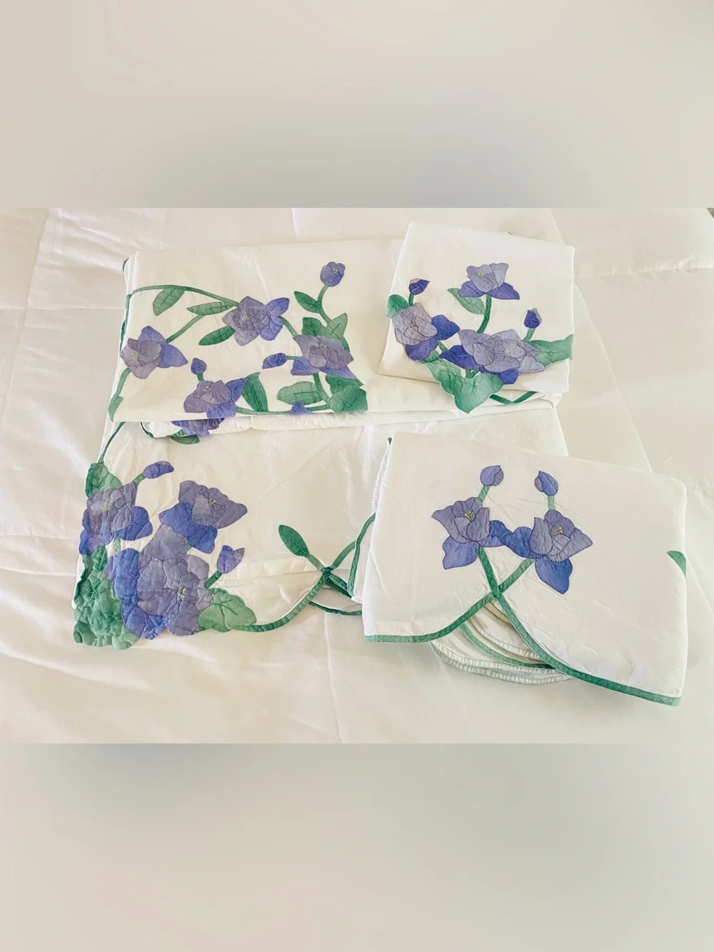 Vintage Duvet Sham Bedskirt Set Purple Iris Appliqué w Green Trellis Twin Sz